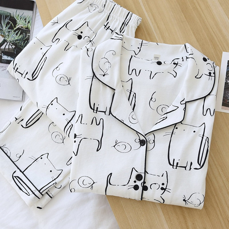 Lubelski Winter Cute Cartoon Cat Print Pajama Set Women Two-pieces
