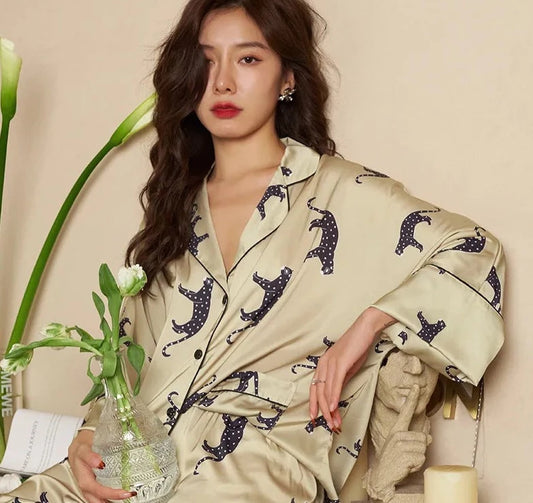Women's Pyjamas Set Luxury Leopard Print - Khaki