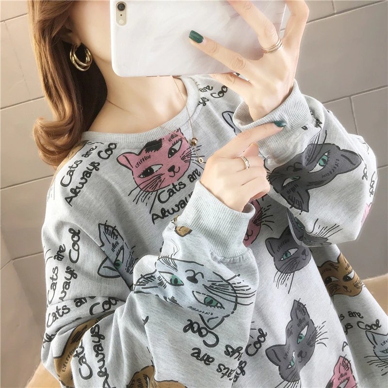 Harajuku Cartoon Cat Sweatshirt Pullover - Puppeeland