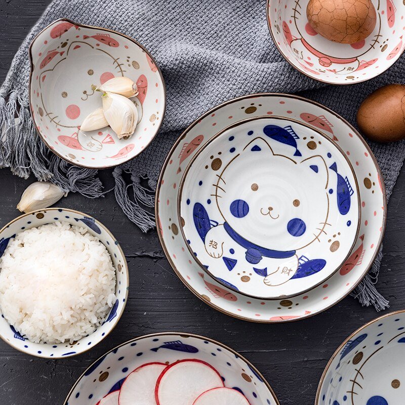 Japanese Cat Ceramic Plates and Bowls - Puppeeland
