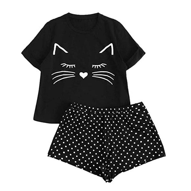 Pyjama à manches courtes mignon chat noir