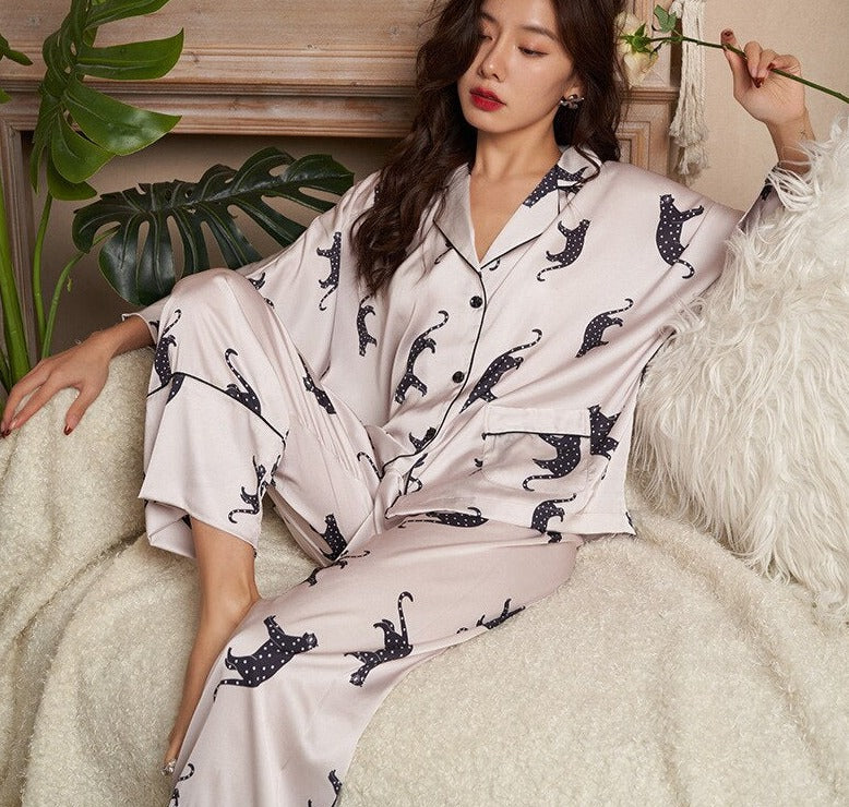 Women's Pyjamas Set Luxury Leopard Print - Silver