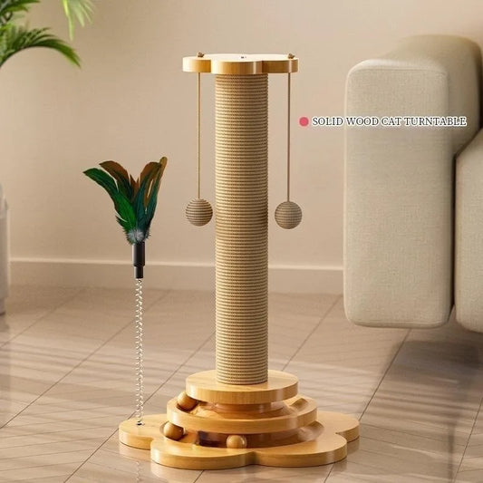 Turntable Solid Wood Cat Stick with Sisal Balls