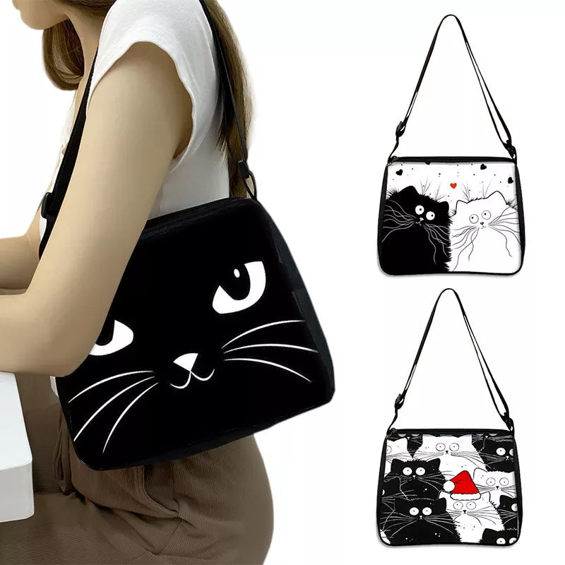Cute Black And White Cat Print Shoulder Bag