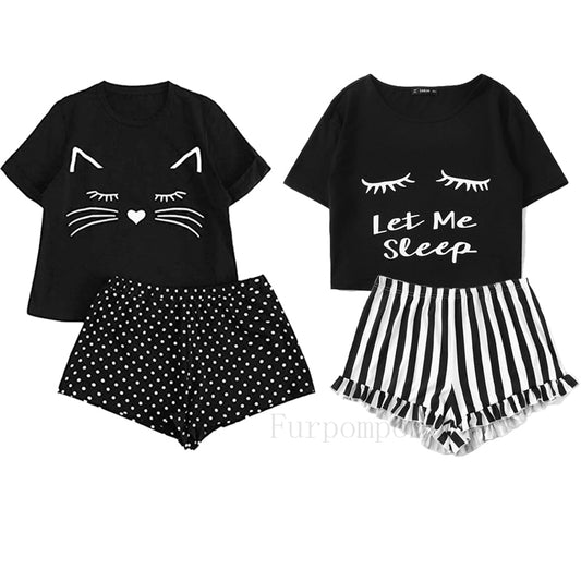 Niedlicher Pyjama mit kurzen Ärmeln und schwarzer Katze