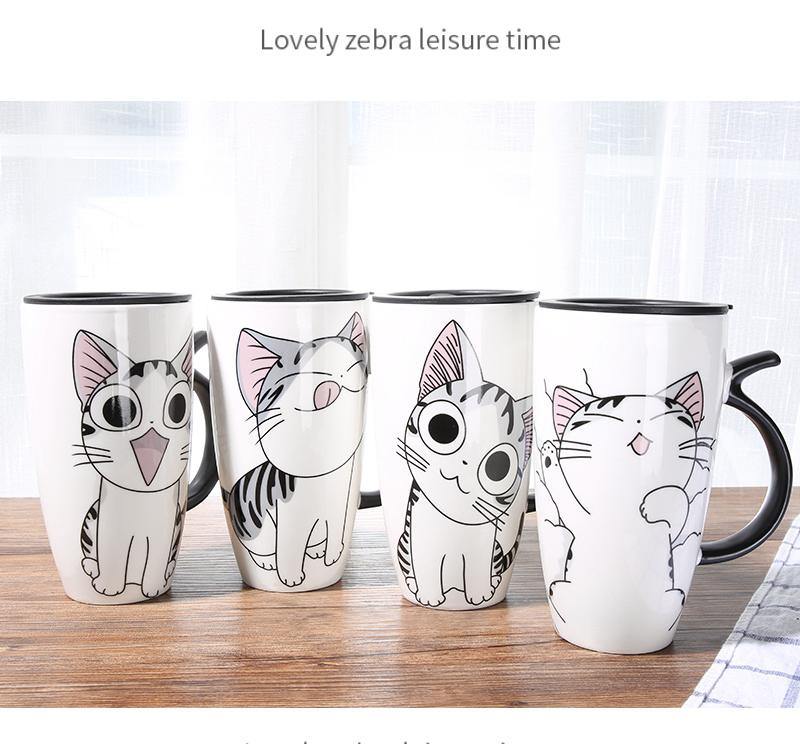 600ml Cute Cat Ceramics Coffee Mug With Lid Large Capacity Animal
