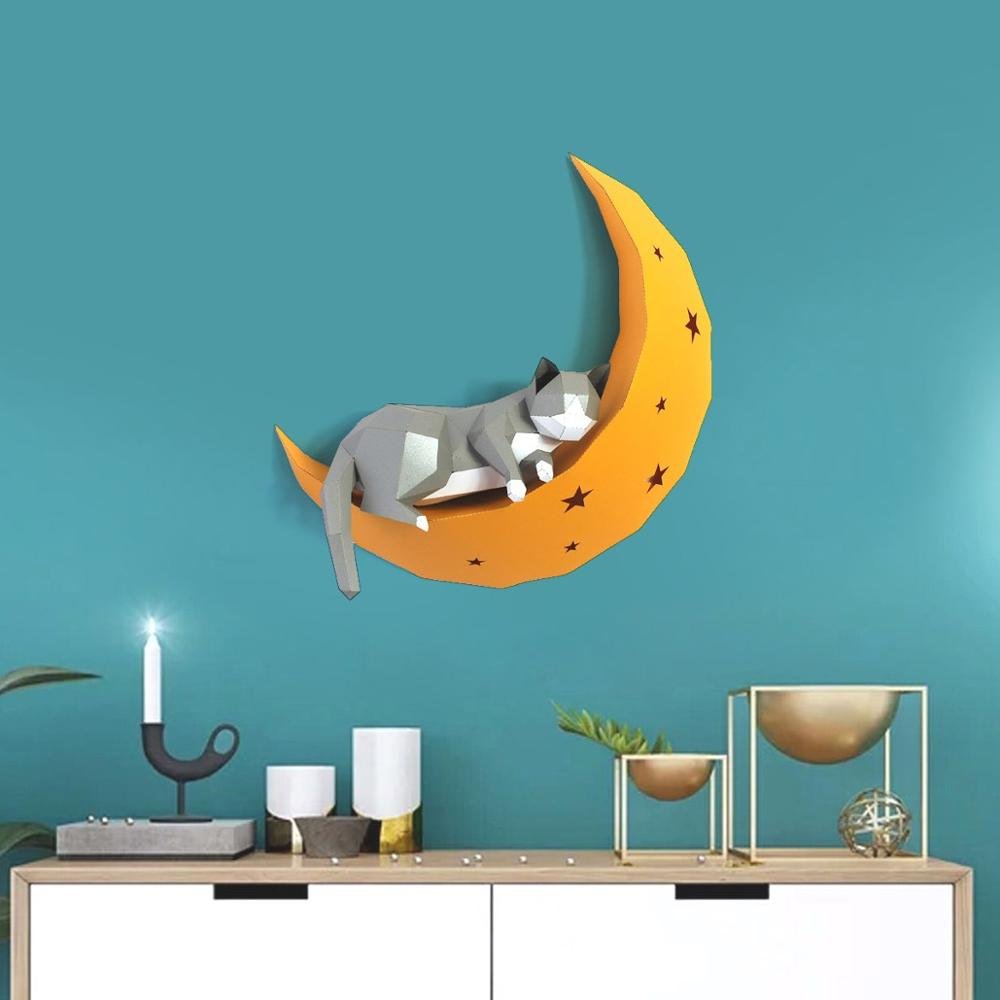 Cat On Moon Animal Paper Wall Art - Puppeeland