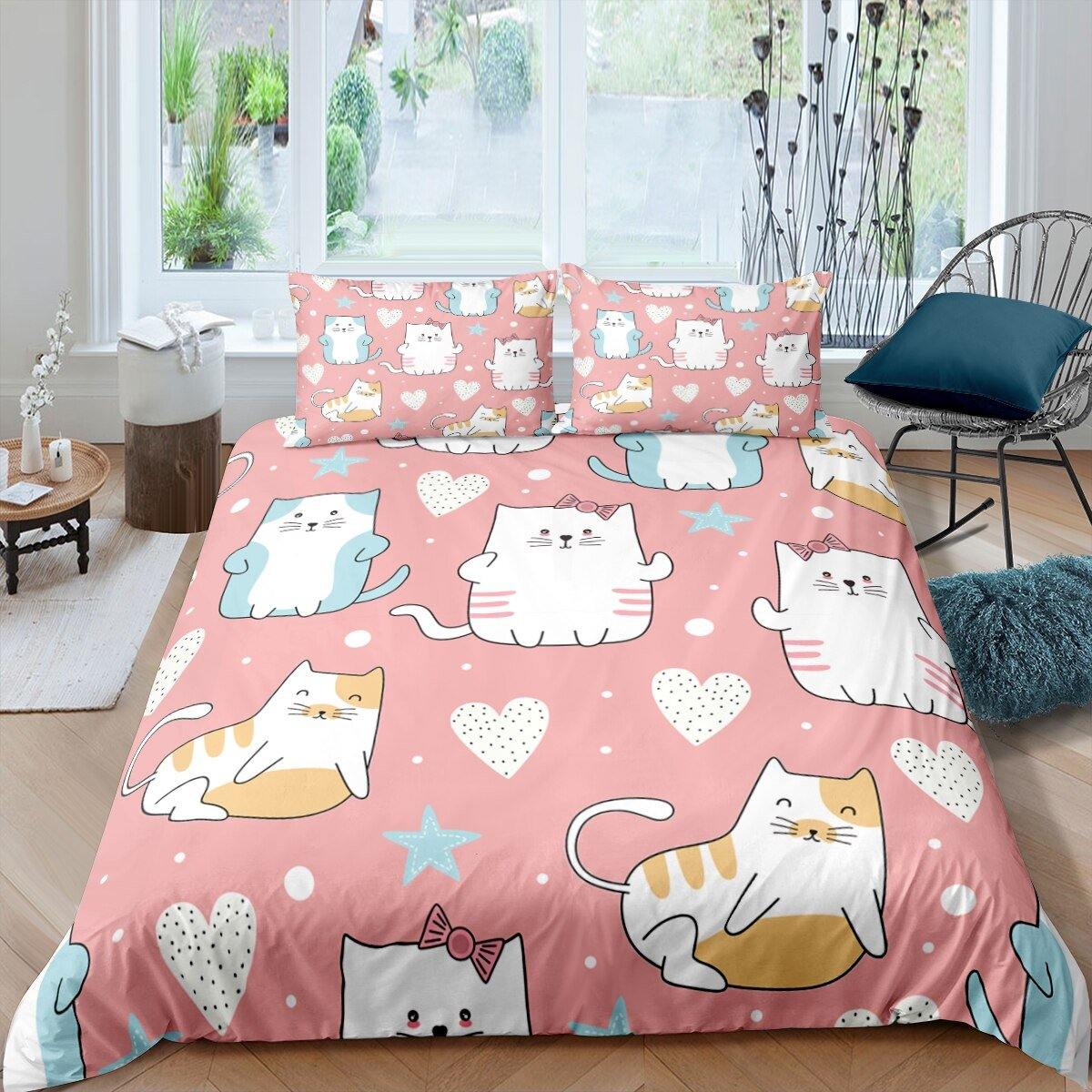 ClearloveWL Duvet Cover Set, Home Textile Cyan Cute Cat Kitty Duvet Cover  Pillow Case Bed Sheet