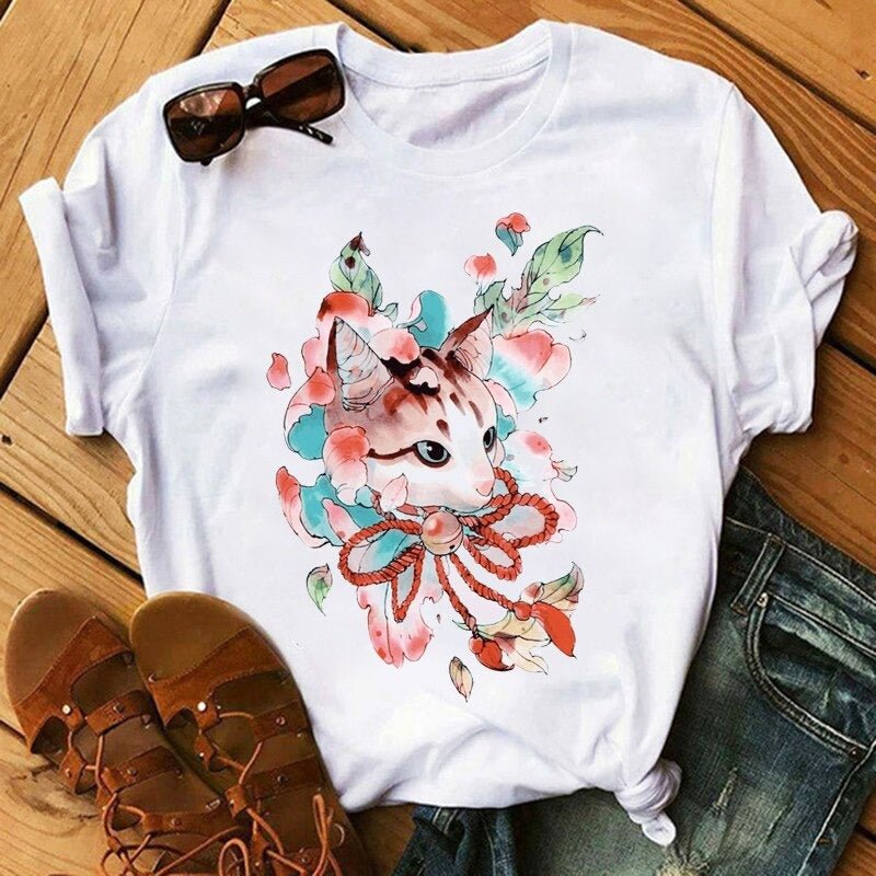 Floral Cat Print T-Shirt - Puppeeland