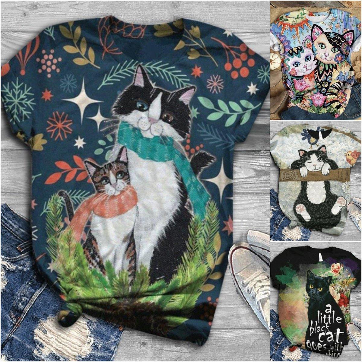Graphic Cat Print T-Shirt - Puppeeland