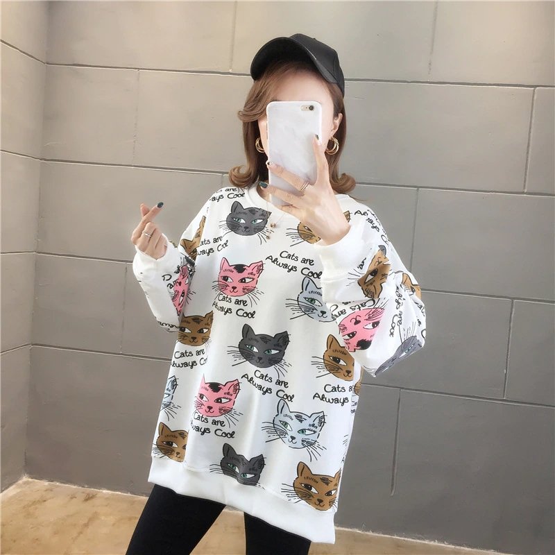 Harajuku Cartoon Cat Sweatshirt Pullover - Puppeeland