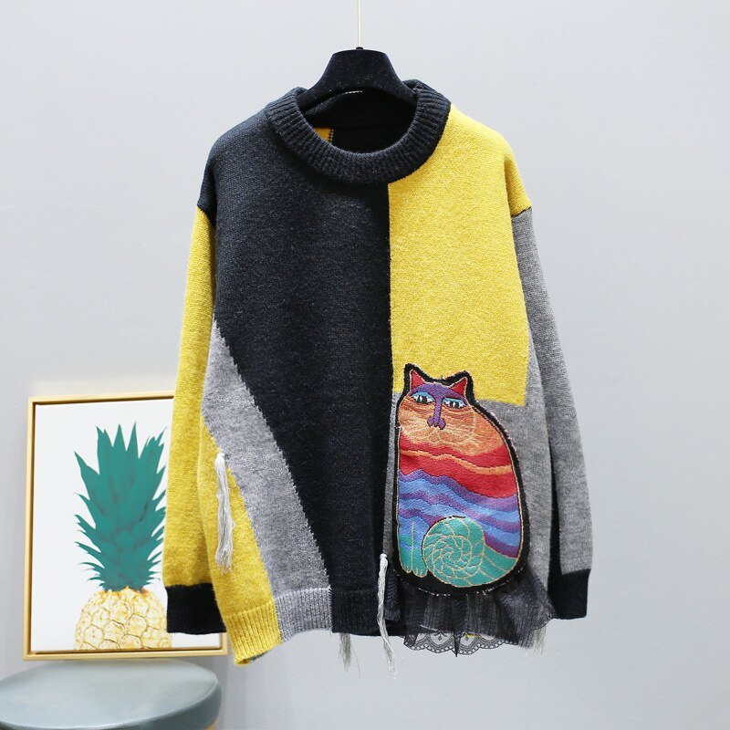 Harajuku Cat Patchwork Sweater - Puppeeland