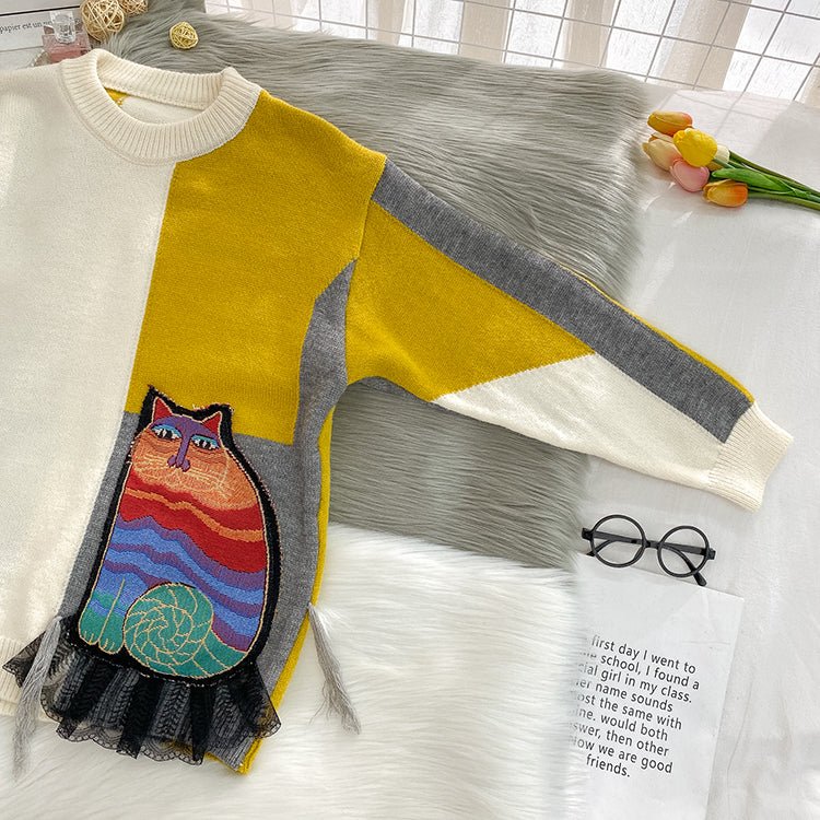 Harajuku Cat Patchwork Sweater - Puppeeland