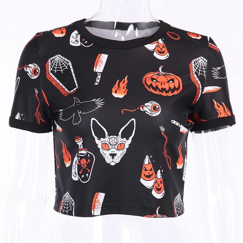 Harajuku Gothic Cat Crop T-Shirt - Puppeeland
