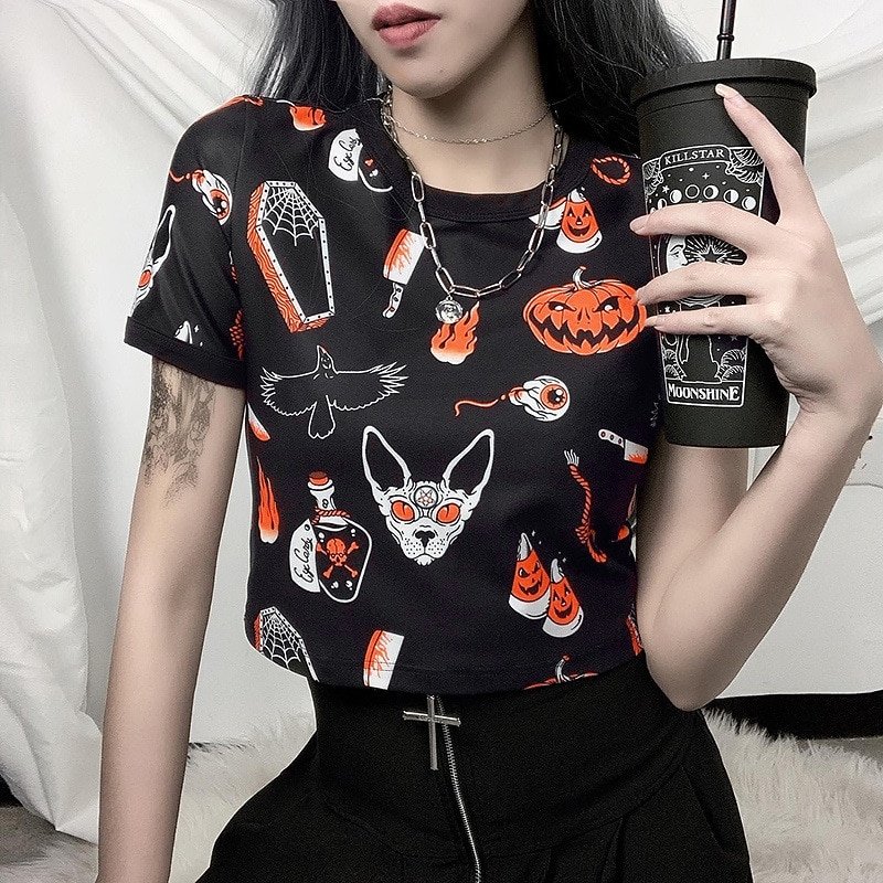 Harajuku Gothic Cat Crop T-Shirt - Puppeeland